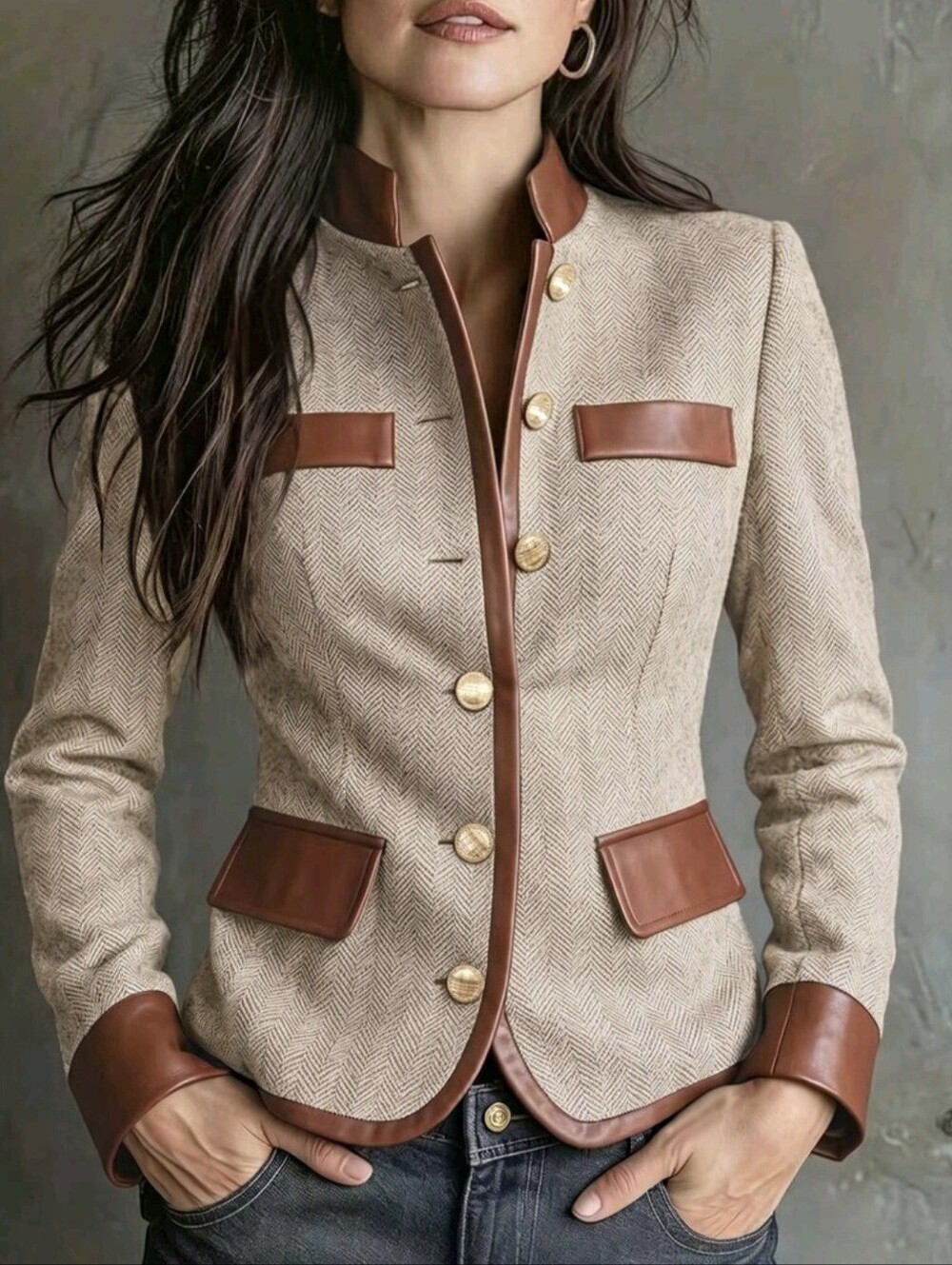 Women's Vintage Commuter Jacket With Herringbone Faur leather , Stand Collar